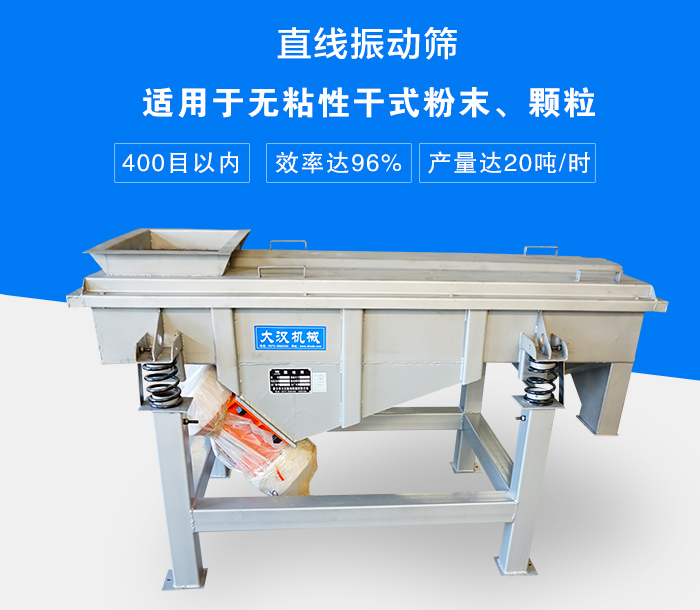 直線振動(dòng)篩適用于無粘性干式粉末、顆粒，產(chǎn)量達(dá)20噸/時(shí)
