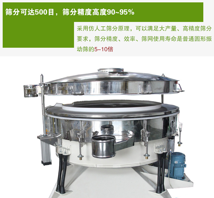 搖擺篩分機采用仿人工篩分原理，可以滿足大產量、高精度篩分 要求，篩分精度、效率、篩網使用壽命是普通圓形振 動篩的5-10倍